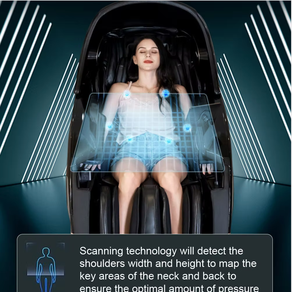 Woman sitting in a zerava massage chair with scanning technology overlay