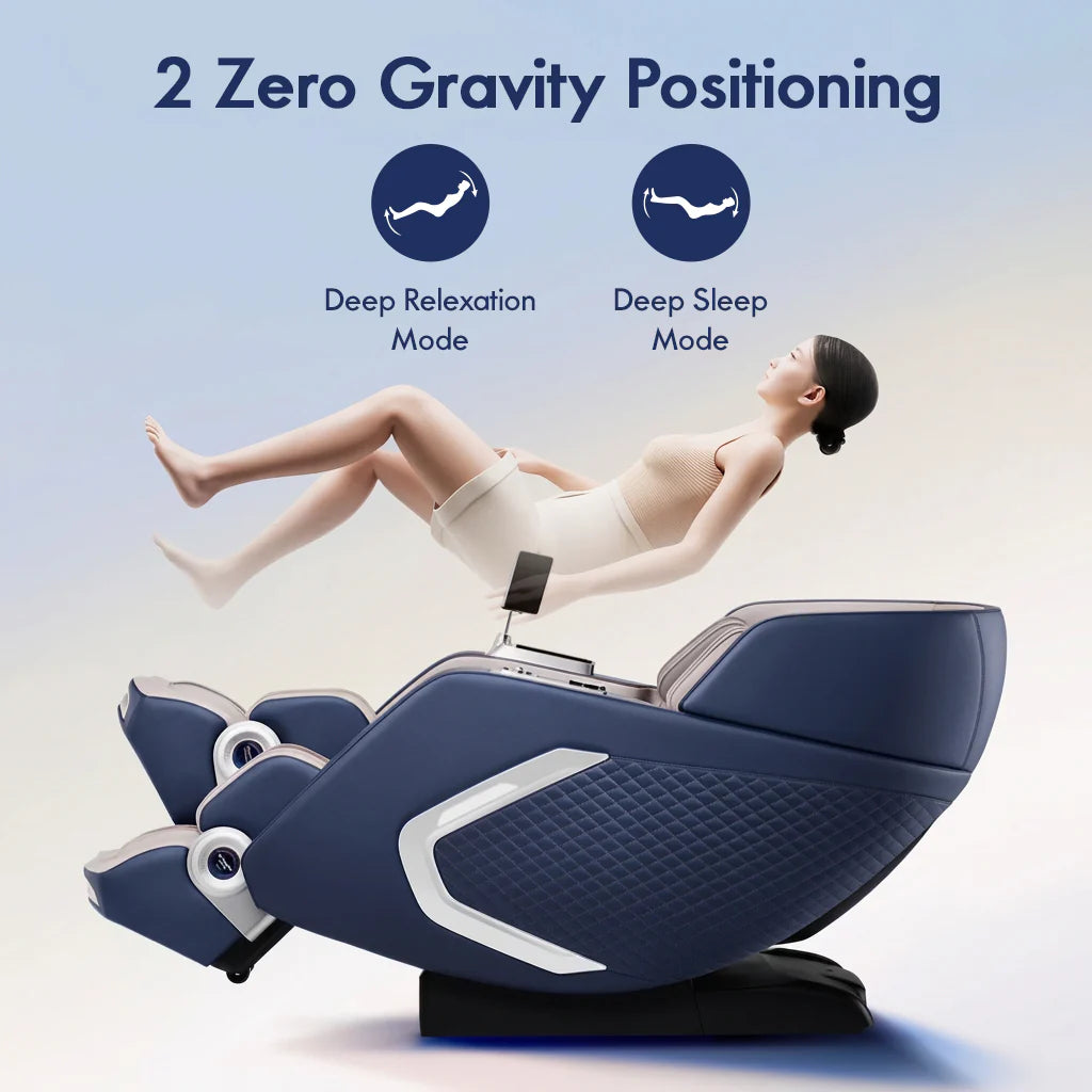Modern blue and beige full-body massage chair with white accents.