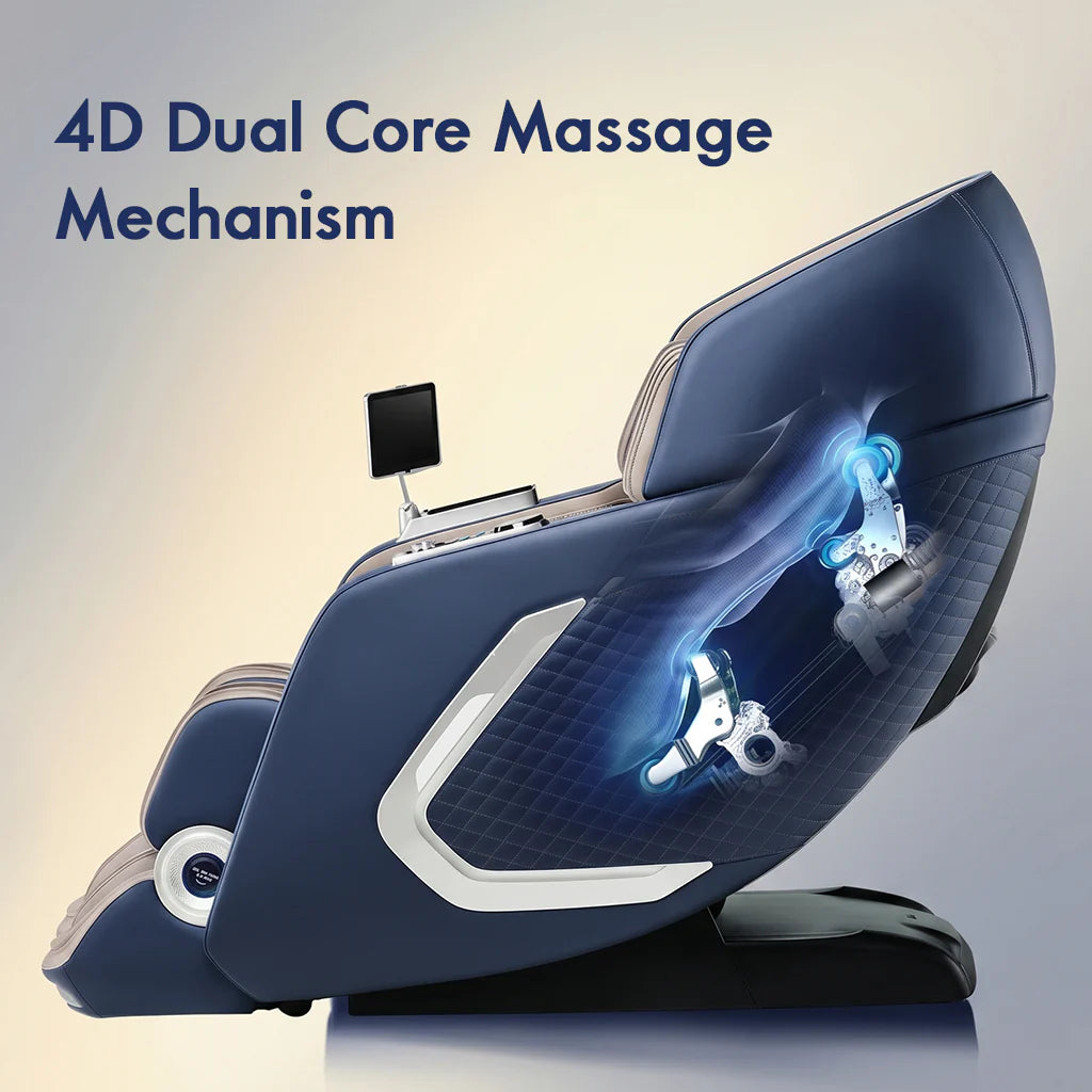 Modern upholstered massage chair in blue, beige and white.