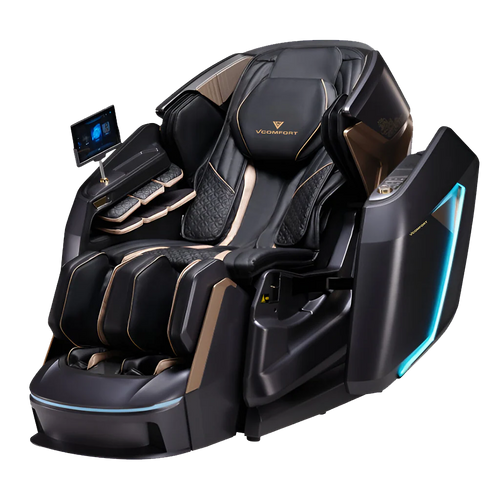 Zerava Black massage chair with beige accents on a white background
