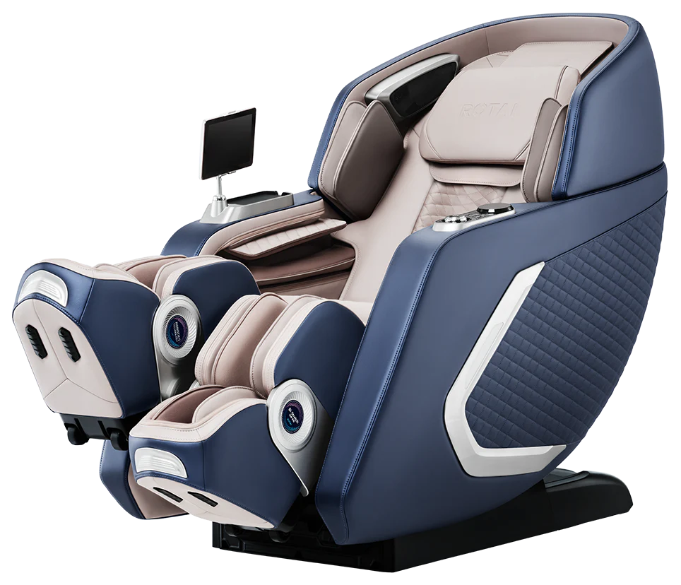 Blue and beige zero-gravity massage chair with white accents.