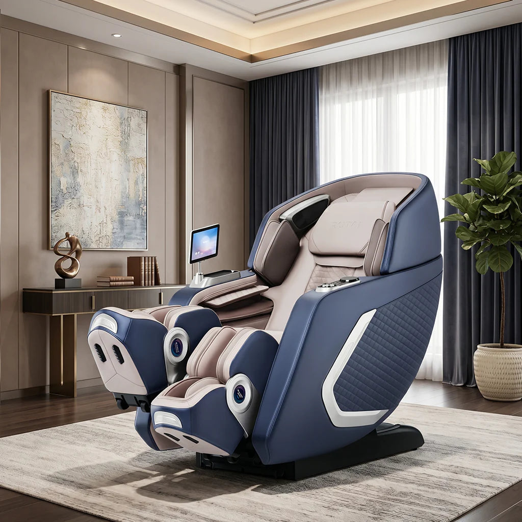 Blue and beige massage chair with white accents.