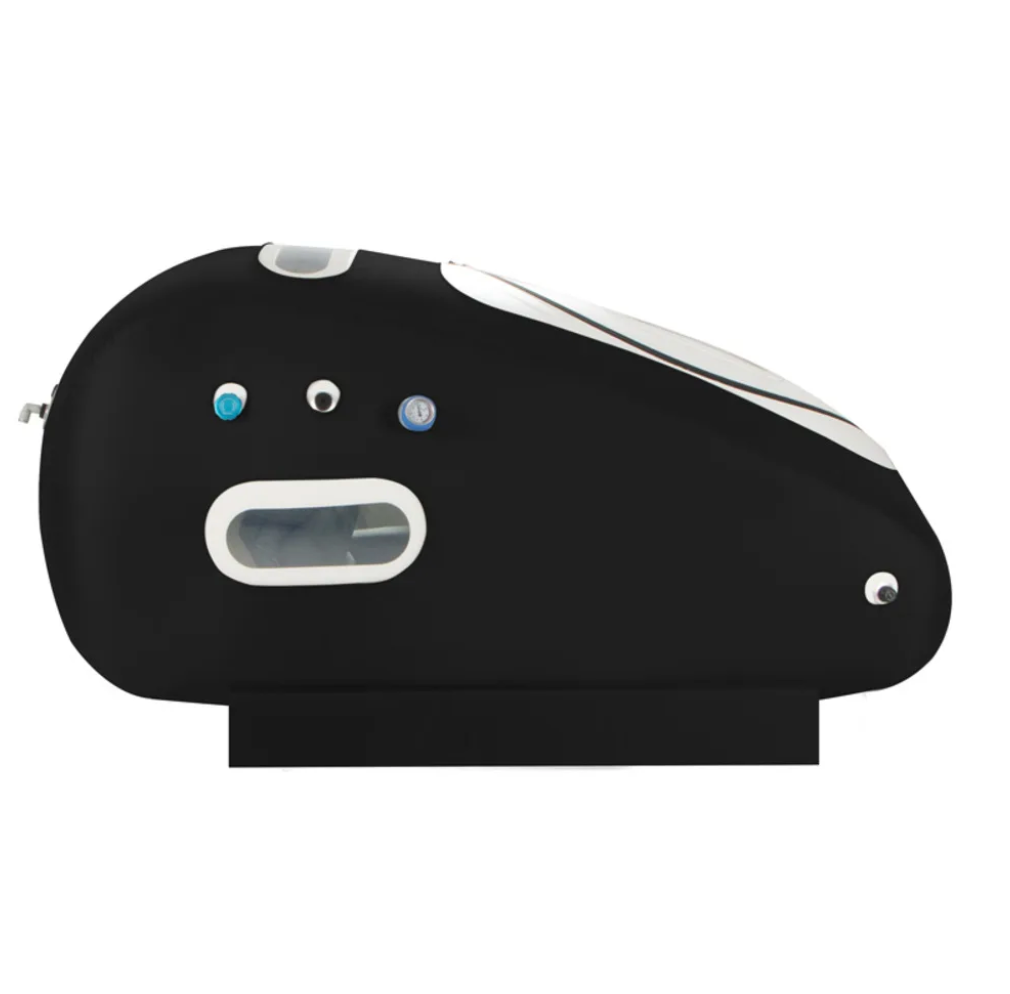 Zerava The Oasis portable hyperbaric oxygen chamber with reclining lounge chair and four viewing windows”