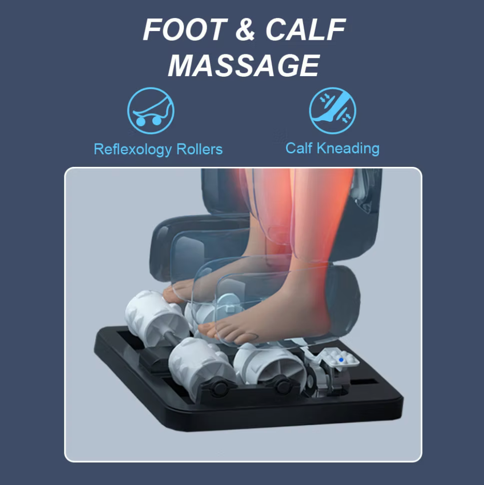 Zerava massage chair Foot and calf massage device with reflexology rollers and calf kneading on a blue background