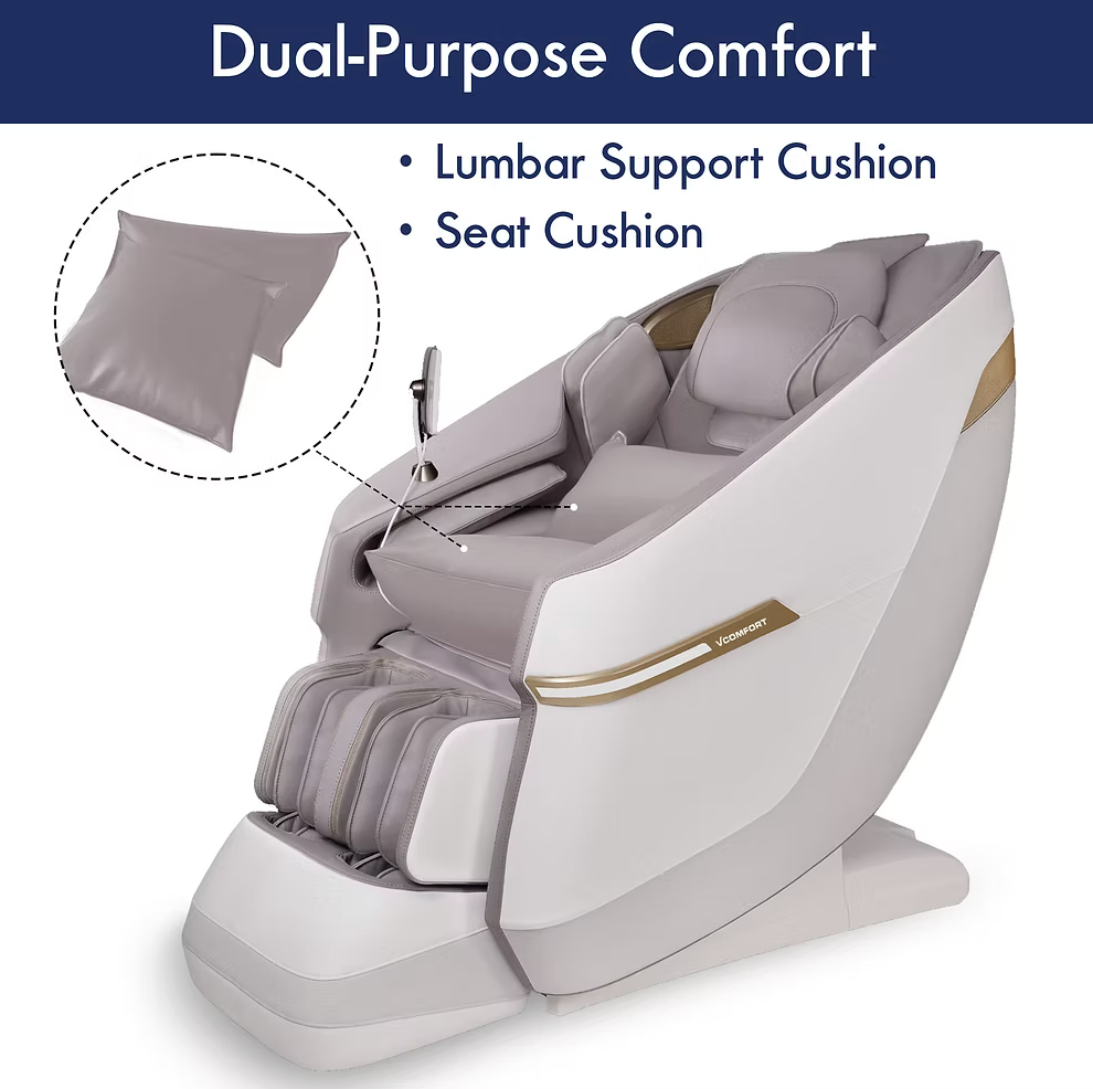 Massage chair with lumbar support cushion and seat cushion features on a white background