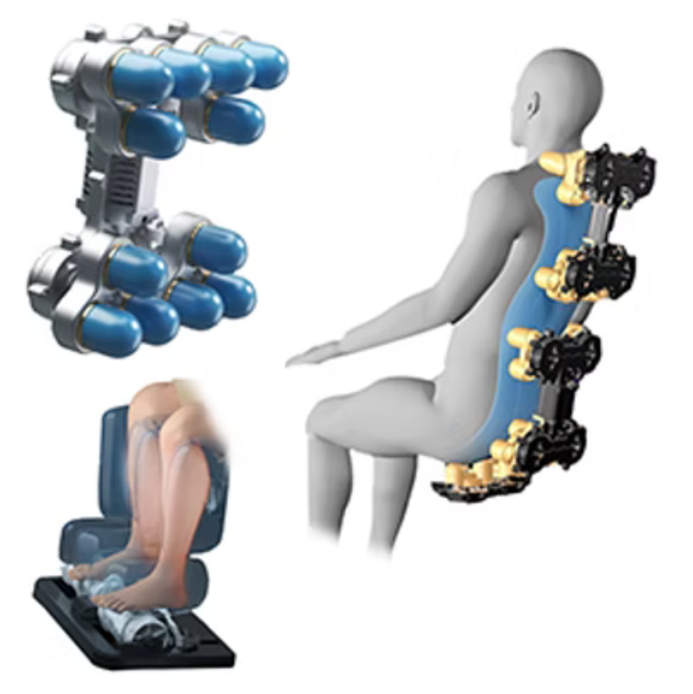 Illustration of a massage chair with various massage attachments on a white background