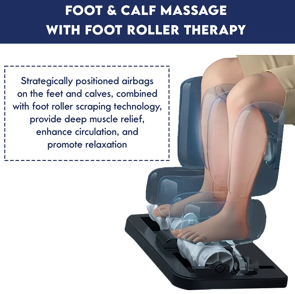 Foot and calf massage device with foot roller therapy on a white background