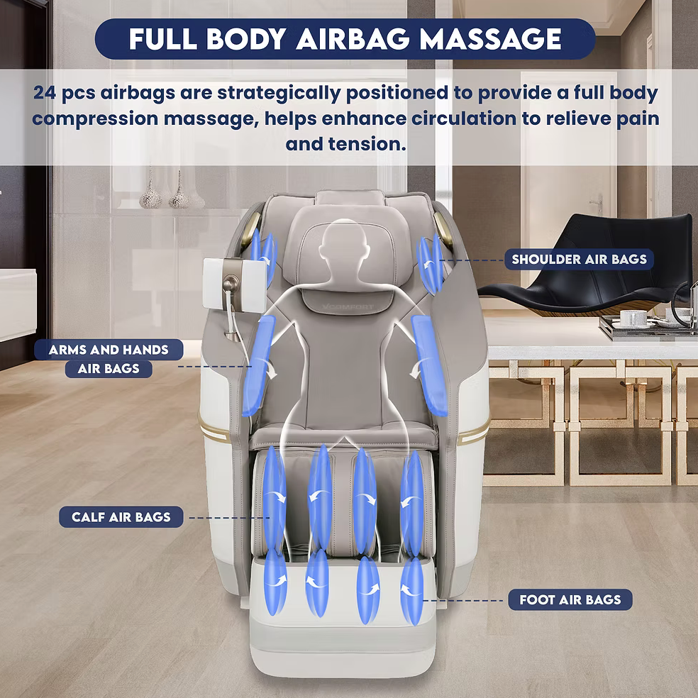 Massage chair with airbag massage system labeled in a home setting