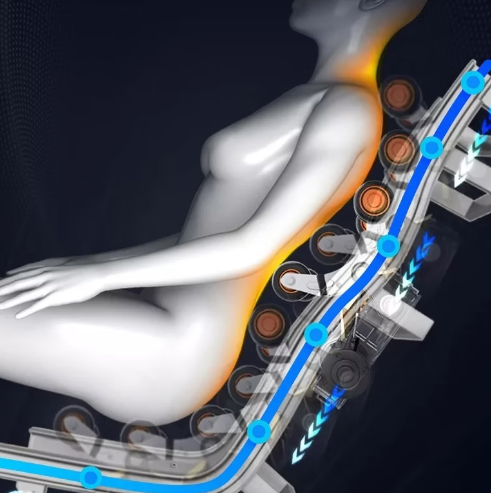 Schematic diagram of a massage chair with a person receiving a massage.