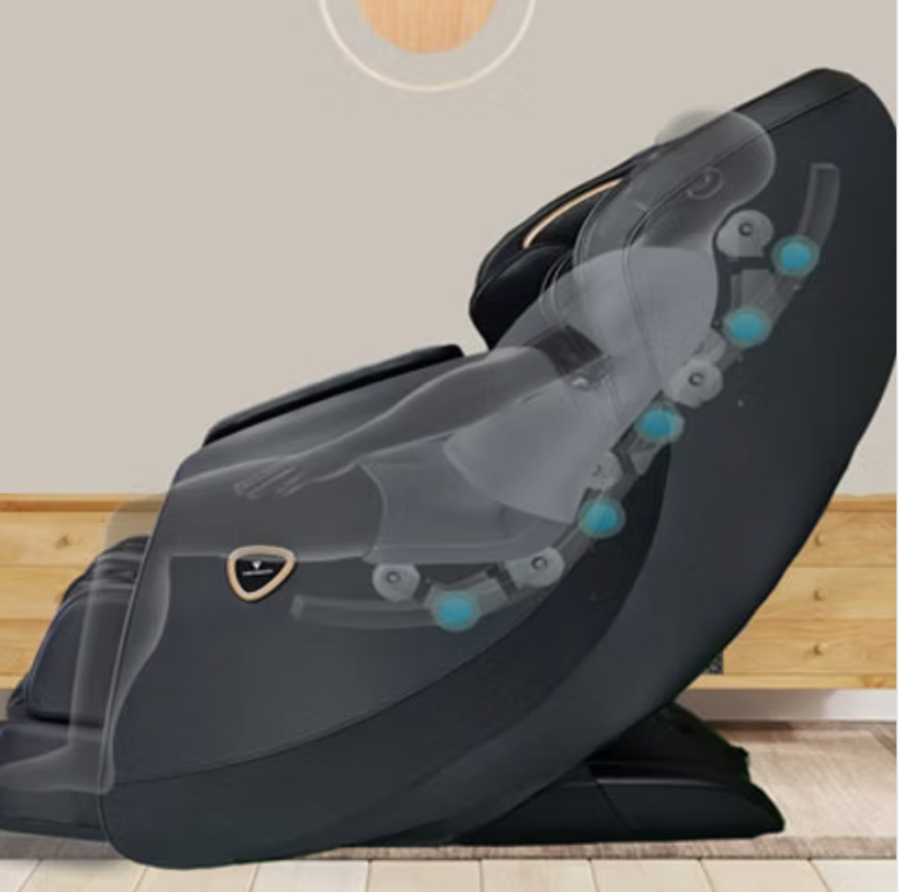 Black massage chair with clear overlay on a neutral background