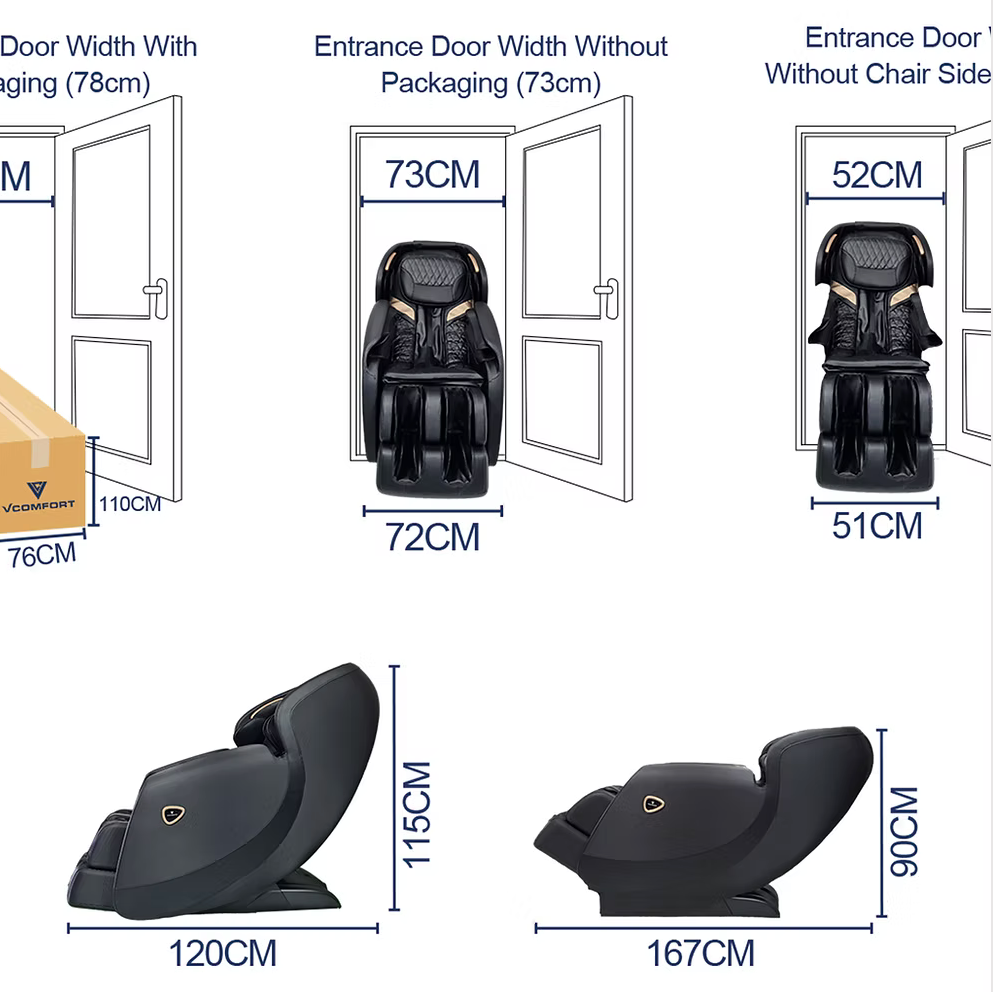 Dimensions of a massage chair with packaging and without chair side, showing various measurements.