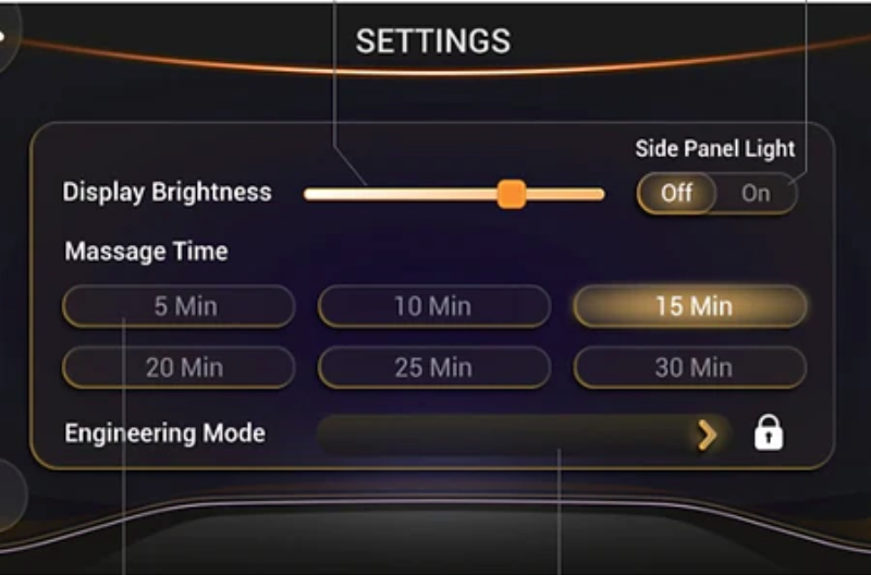 Settings interface for a Zerava massage chair with display brightness and massage time options.