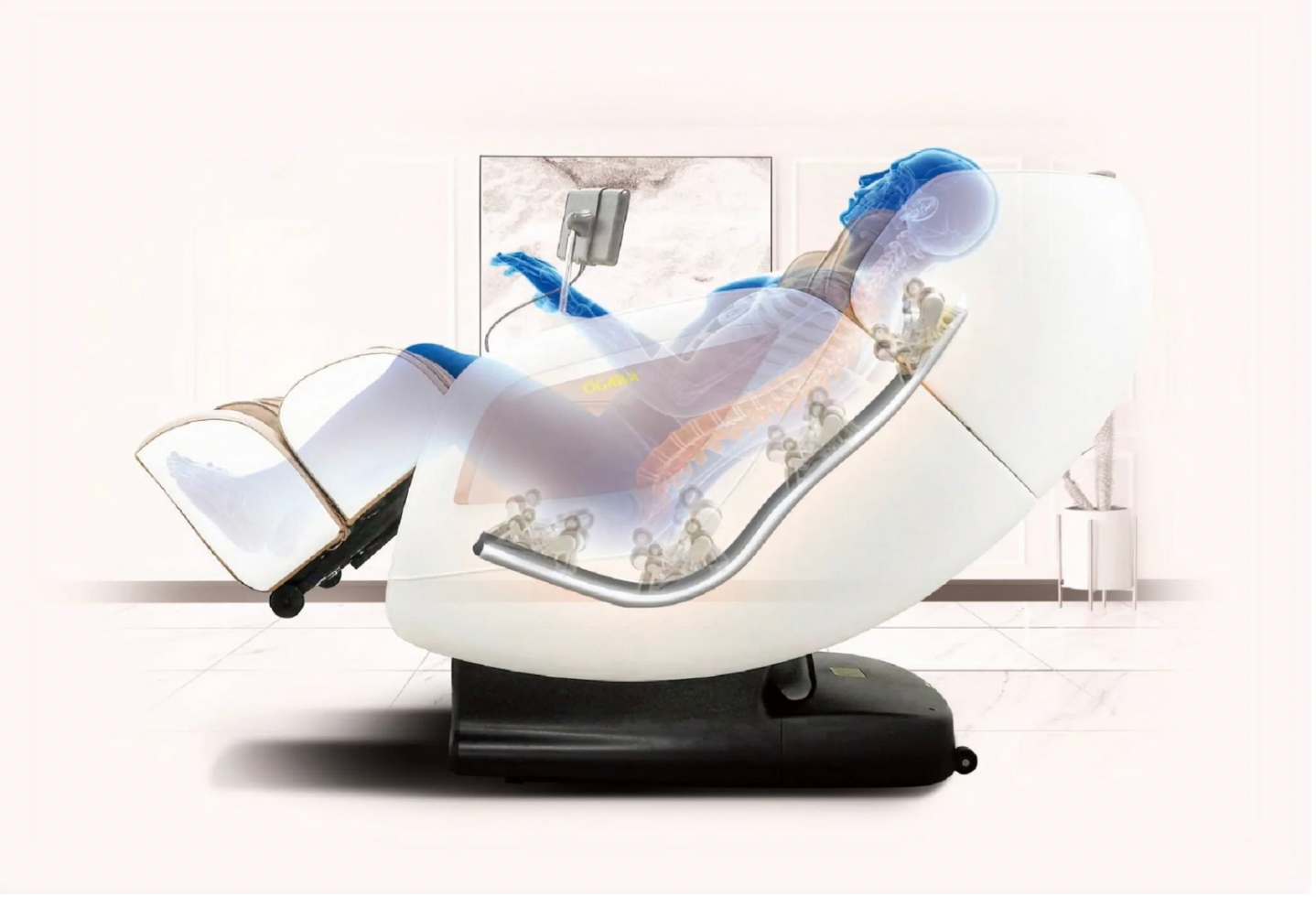 Zerava Massage chair with a focus on the zero gravity backrest and seat area on a white background