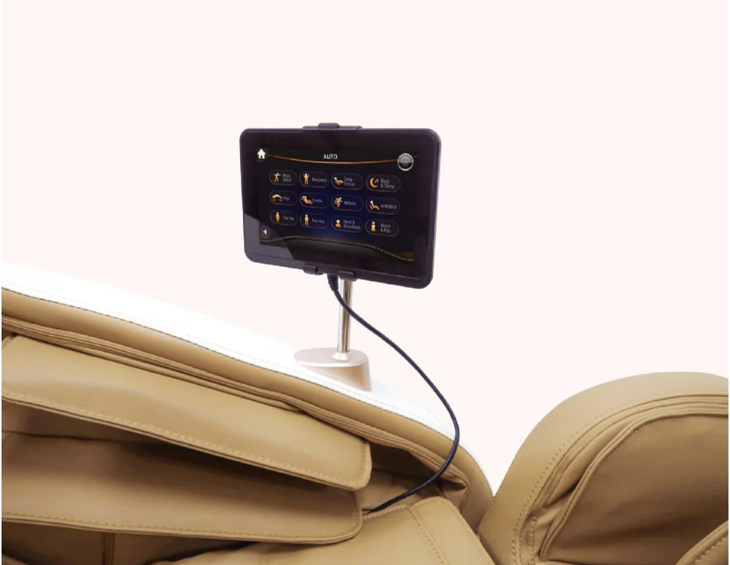 Zerava massage chair with a mounted tablet displaying software on a white background