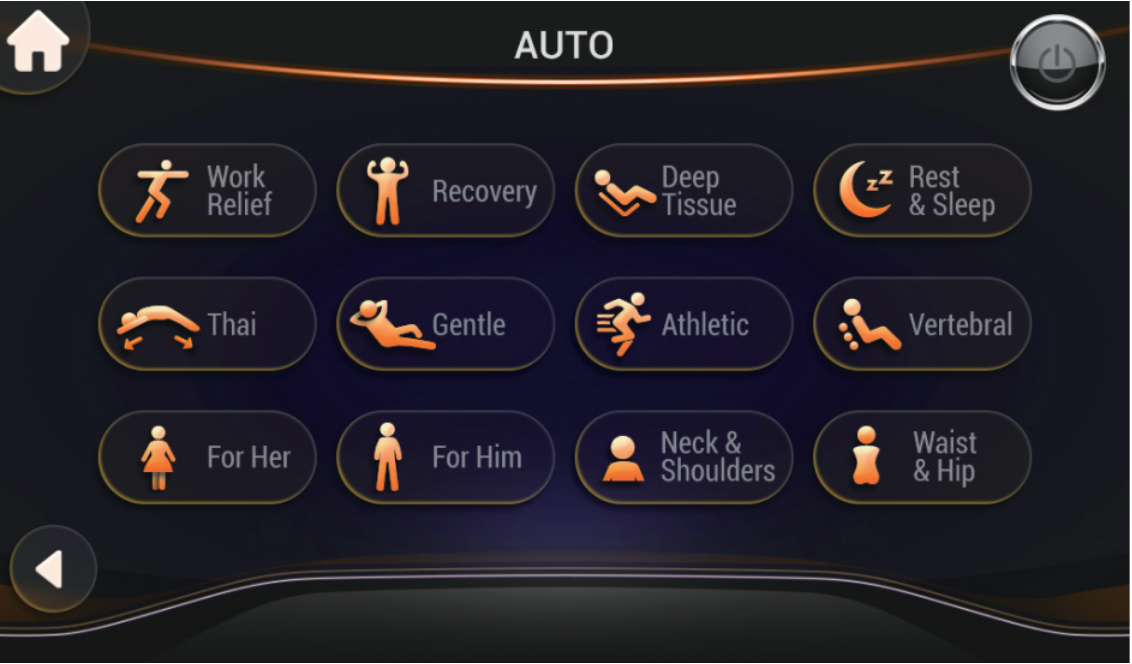 Zerava Massage therapy session selection interface with various massage types on a dark background