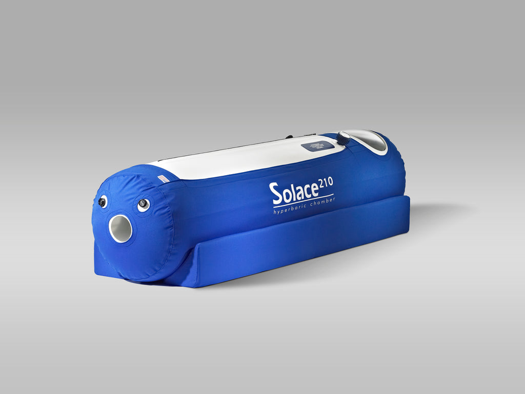 Blue inflatable air mattress with 'Solace 210' branding on a gray background