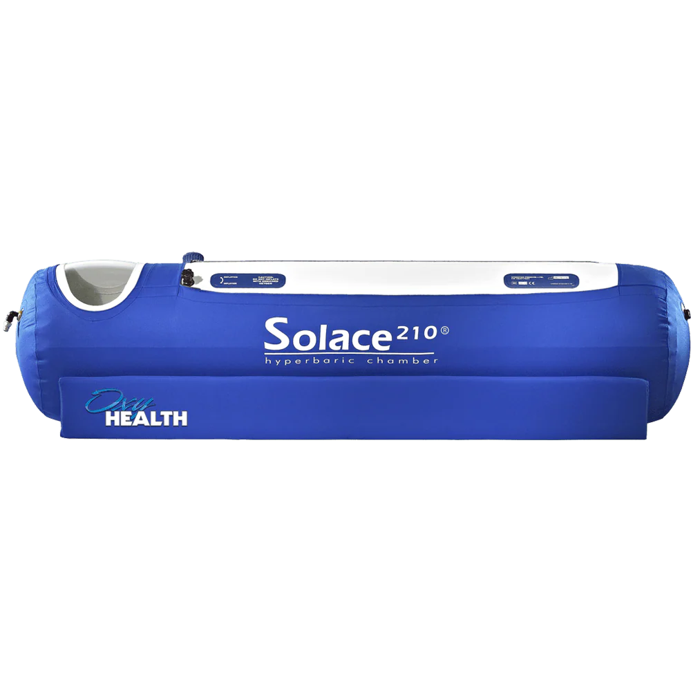 Blue hyperbaric chamber with 'Solace 210' branding on a white background