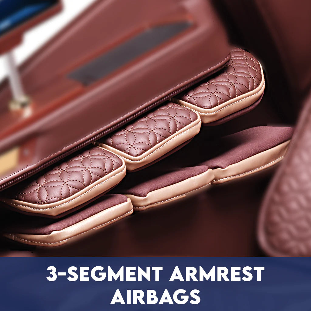 Close-up of a Zerava Royal Glide 3-segment armrest airbags with a brown leather finish.