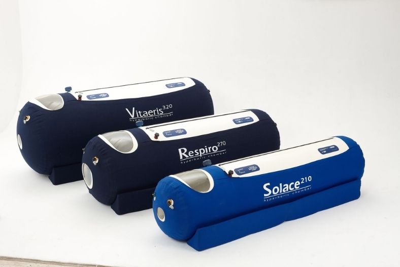 Three cylindrical medical devices labeled 'Vitaeris', 'Respiro', and 'Solace 210' on a white background from Zevara