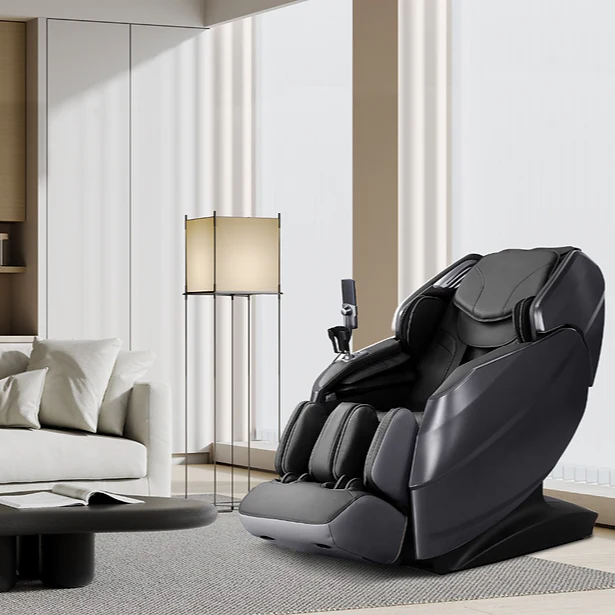 Zerava Grey massage chair in a modern living room setting with a lamp and sofa.