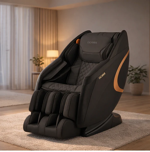 Black massage chair with 'OGAWA' branding in a room setting.