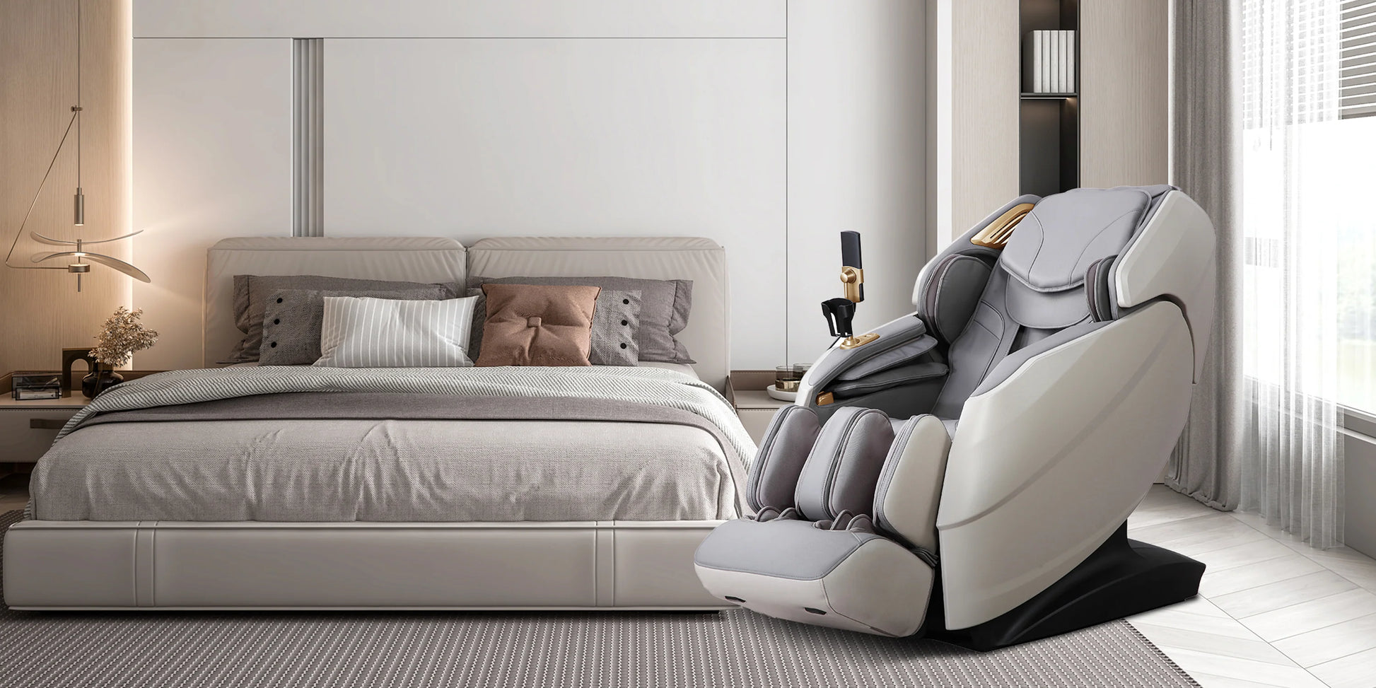 Modern bedroom with a Zerava 4D Pro massage chair in the foreground
