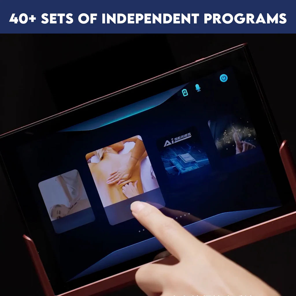 Person interacting with a touch screen interface on a Zerava massage chair, displaying various images and programs.