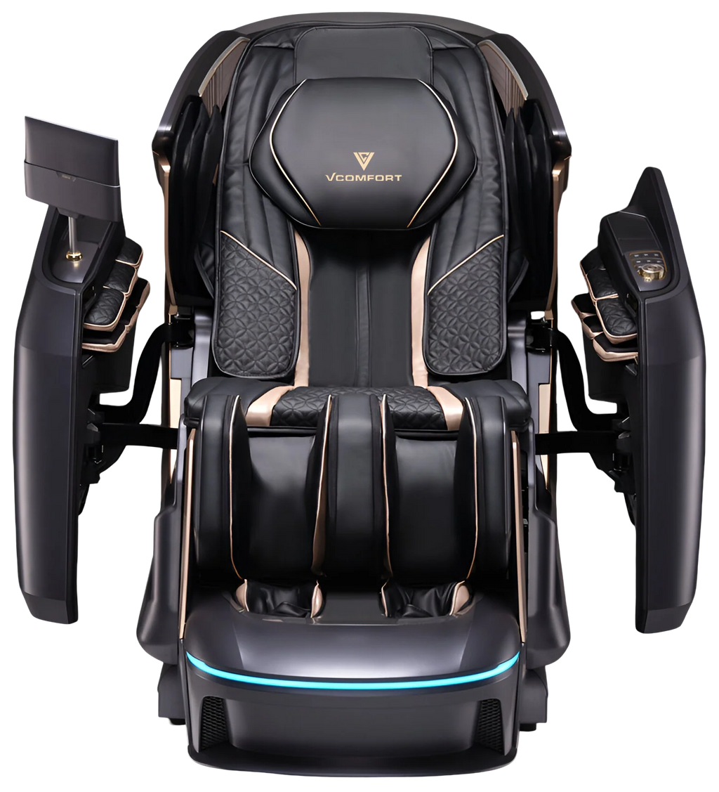 Zerava Royal Glide Black massage chair with gold accents on a white background