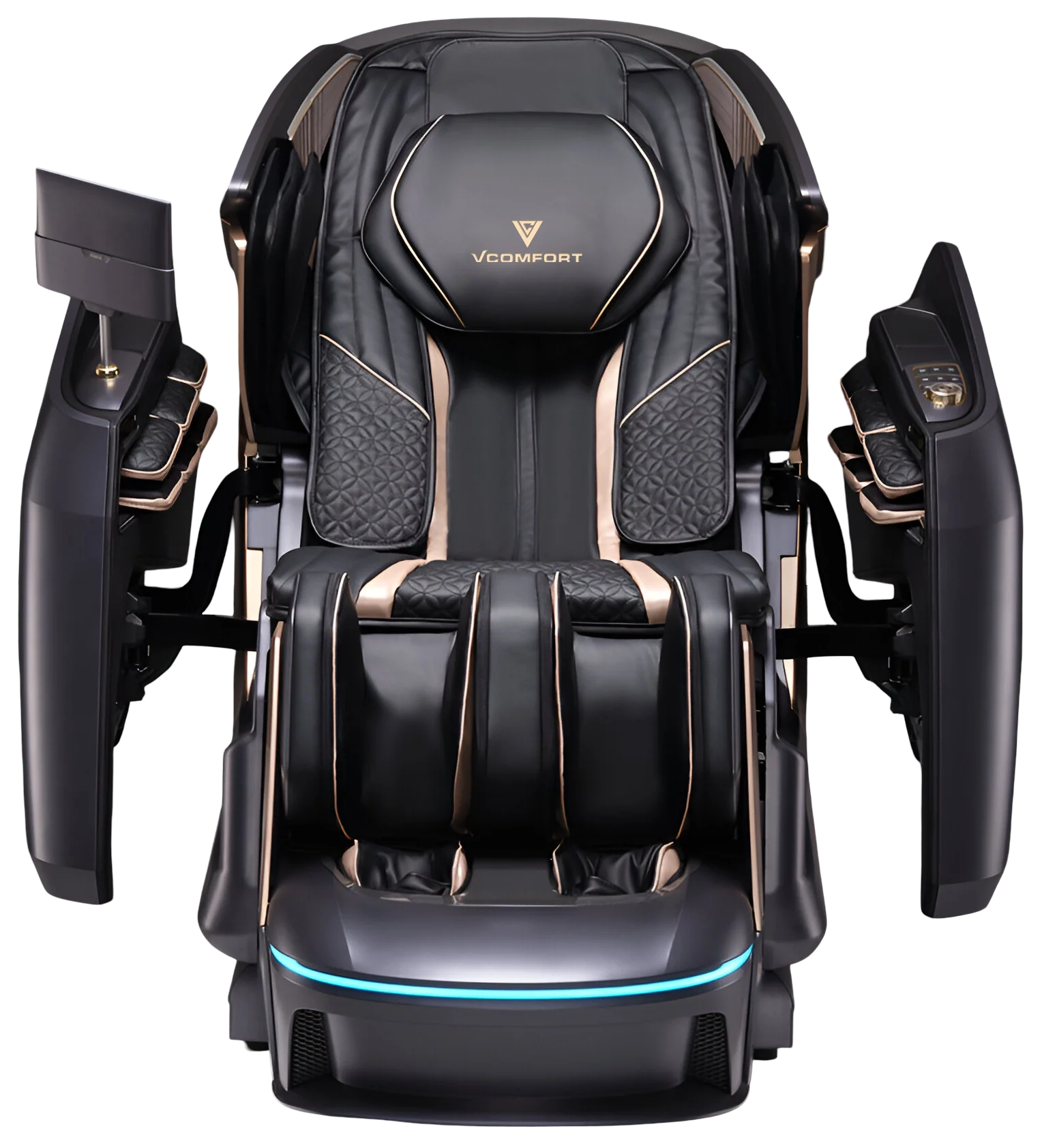 Zerava Royal Glide Black massage chair with gold accents on a white background