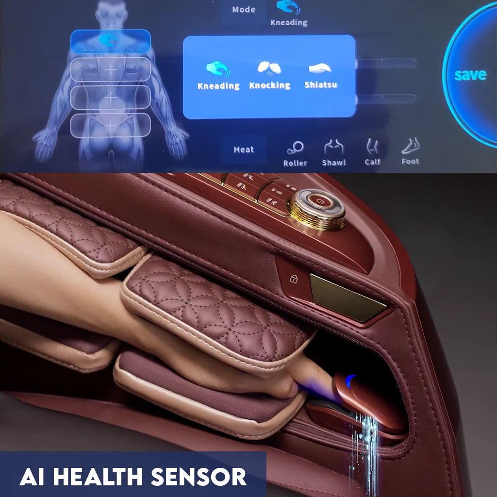 Zerava Massage chair with digital control panel and AI health sensor display.