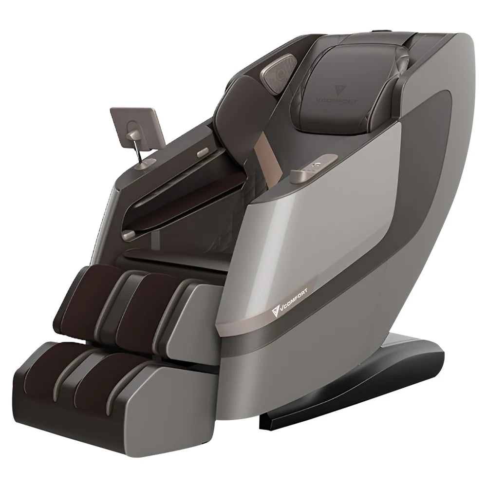Zerava Grey massage chair with brown accents on a white background