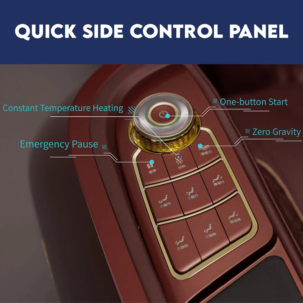 Zerava massage chair Control panel with buttons labeled for various functions on a dark background