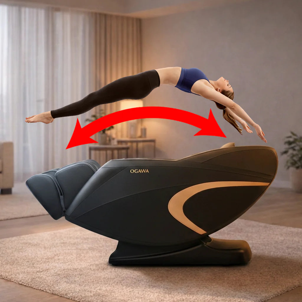 Woman using a massage chair with a red arrow indicating movement, in a home setting.
